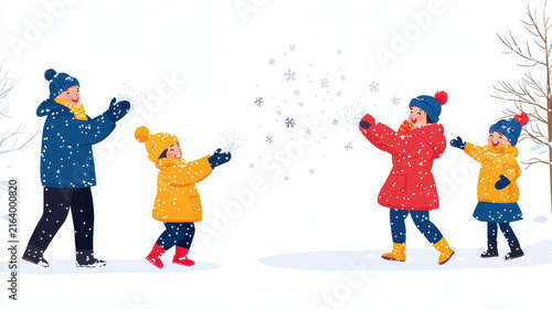 Winter fun with family playing in snow, wearing colorful jackets and hats, enjoying joyful moment together