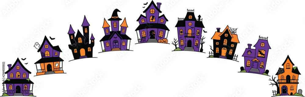 Fototapeta premium Set of spooky haunted houses for halloween vector illustration featuring various creepy mansions and gothic architecture designs