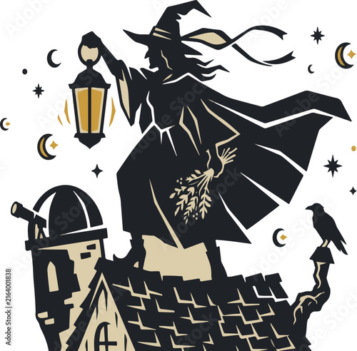 Vintage Linocut Witch Silhouette Standing on Roof Holding Lantern
