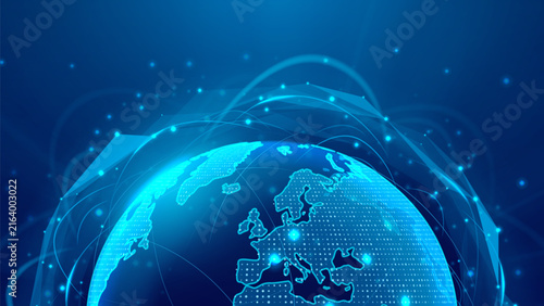 Global connectivity network concept. Vector illustration with glowing Earth surrounded by communication satellites. worldwide connectivity, data exchange, internet infrastructure, 5G technology.
