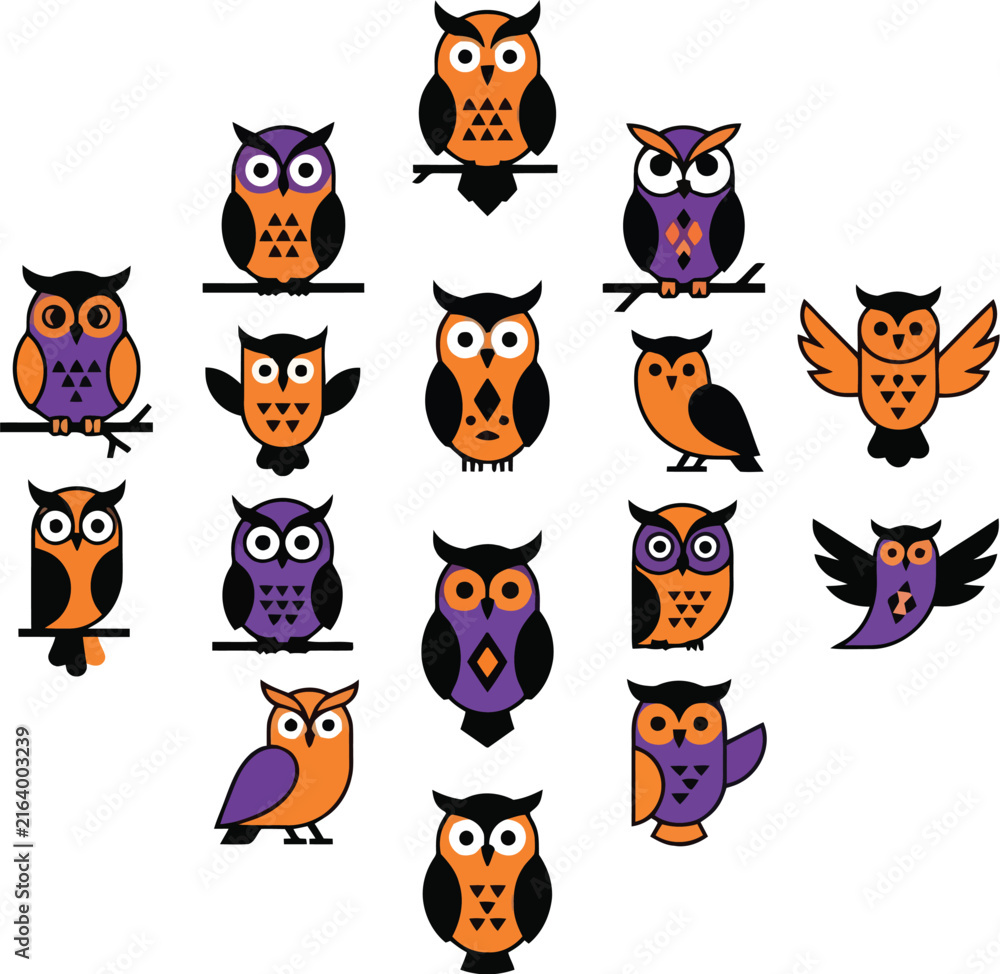 Obraz premium Set of cute cartoon owl characters for halloween vector design elements isolated on a white background