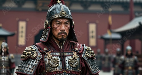 A Chinese imperial soldier set against the backdrop of a historic city, symbolizing military heritage, patriotism, courage, and memories within an urban environment.
