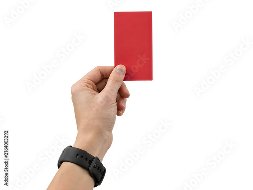 Hand holding a red card isolated on transparent background representing penalty foul or sports referee decision