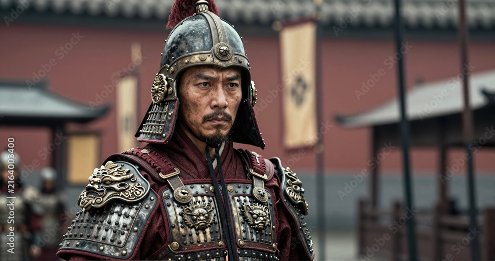 Fototapeta premium A Chinese imperial soldier set against the backdrop of a historic city, symbolizing military heritage, patriotism, courage, and memories within an urban environment.