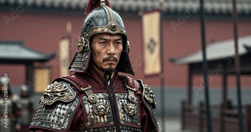 A Chinese imperial soldier set against the backdrop of a historic city, symbolizing military heritage, patriotism, courage, and memories within an urban environment.