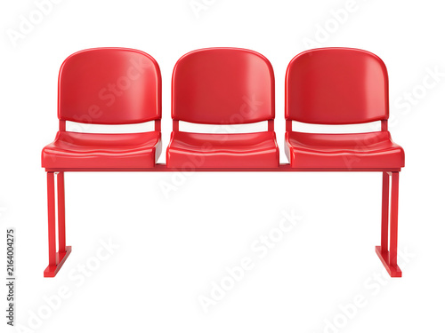 Red plastic waiting room chairs with silver metal frames isolated on transparent background