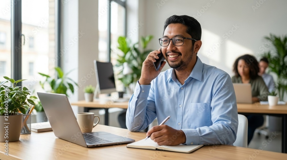 Obraz premium Potrait of young smiling cheerful enterpreneur in casual office making phone call while working with laptop