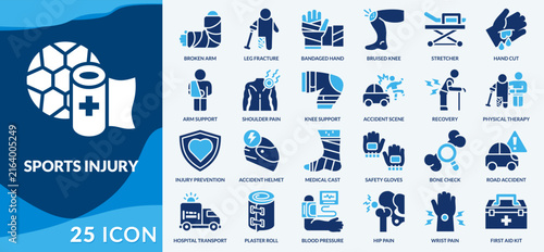 Bild auf Leinwand Sports injury set featuring fractures, strains, protective gear, rehabilitation,