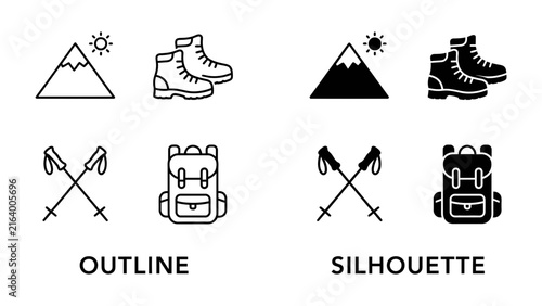 Картината върху платно Hiking Gear Icons: A collection of outline and silhouette icons representing essential hiking equipment, including mountains, boots, trekking poles, and backpacks