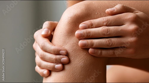 Close up of hands touching painful injured knee joint suffering arthritis