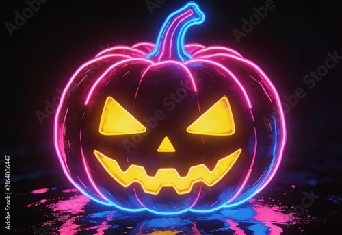 Neon-lit jack-o'-lantern with glowing blue outline and bright yellow carved face for
