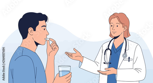 Doctor Advises Patient, Who Takes Pill with Water