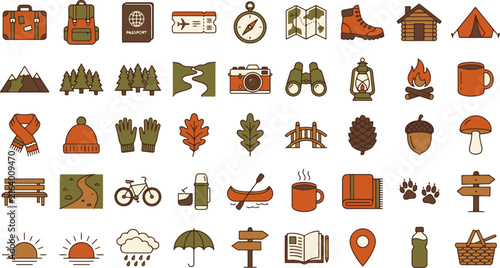 Autumn Travel Outdoor Camping Hiking Adventure and Fall Vacation Vector Icon Set Isolated on White Background