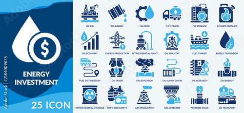 Energy investment collection featuring petroleum assets, fuel markets, production, transportation, trade, infrastructure, research, and sustainability Fill web set Icon Style