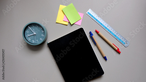 Minimal Creative Workspace with Sketchbook and Design Tools, Back to school concept.