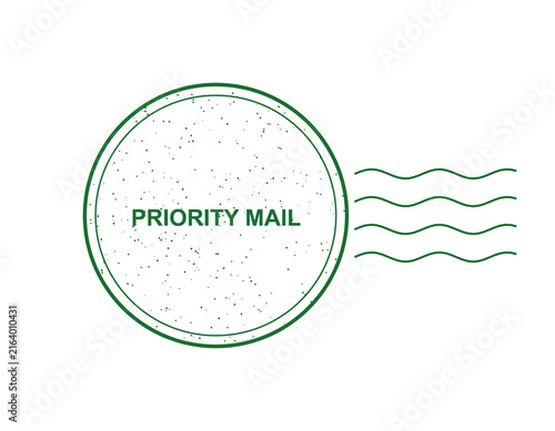 Green priority mail postal stamp ink mark with circular border and wavy lines isolated on transparent background