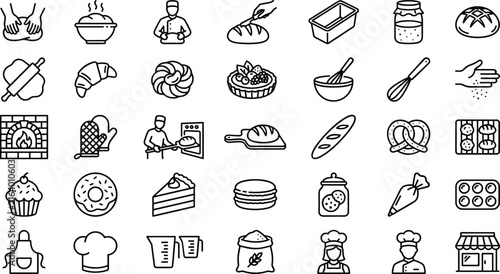 Obraz na plátne Artisanal Bakery and Bread Making Line Icon Set with Chef Kneading Dough Slicing