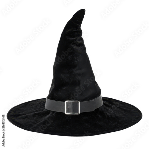Canvastavla Black velvet witch hat with a pointed crown and wide brim features a silver buck