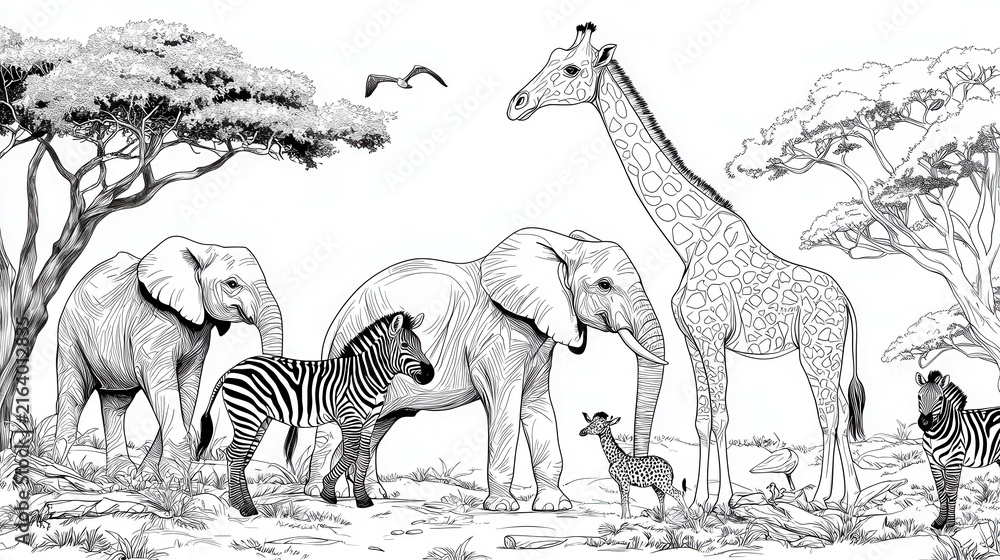 Naklejka premium Black and white illustration featuring elephants, giraffe, and zebras in natural setting, showcasing wildlife and nature