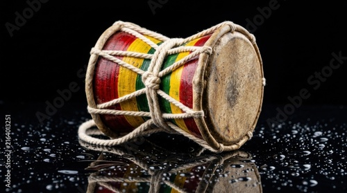 Traditional Indian Dhak Drum on Reflective Surface