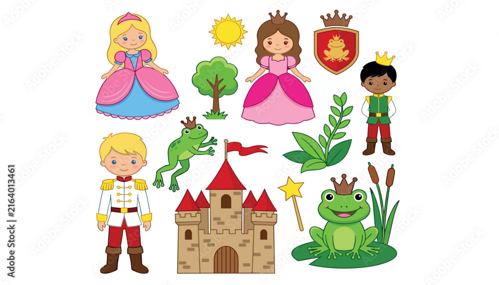 Fototapeta premium Cute fairytale princess prince and frog prince collection with castle shield crown magic wand and trees vector illustration