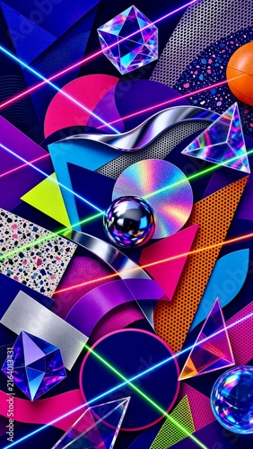 Vibrant Abstract 3D Geometric Composition with Neon Lasers, Iridescent Crystals, Chrome Spheres and Terrazzo Textures Wallpaper