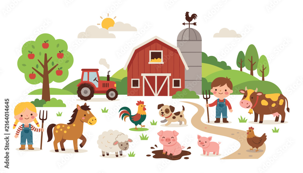Naklejka premium Cute cartoon farm vector illustration with red barn tractor happy kids and domestic animals isolated on white background
