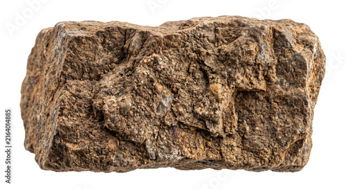 Foto Close-up of a rough, textured, brown mineral rock specimen on a white background