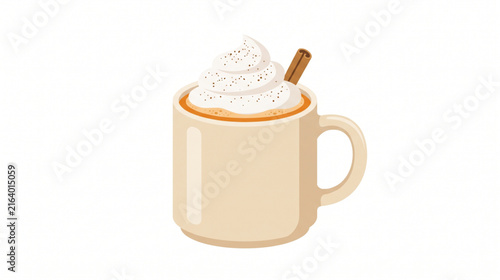 Cozy hot chocolate mug with whipped cream and cinnamon stick vector illustration