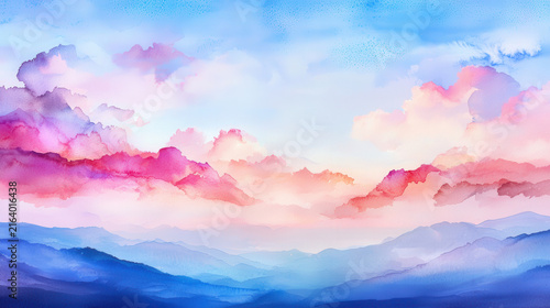 Beautiful watercolor landscape featuring soft pink and blue clouds against serene sky, evoking sense of tranquility and wonder