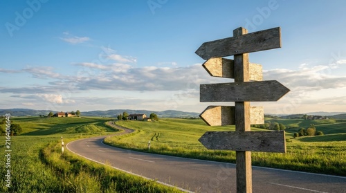 A weathered wooden signpost stands prominently in a lush green meadow, pointing in multiple directions.