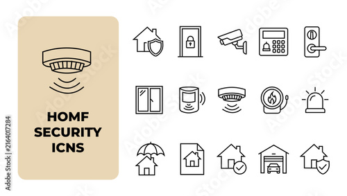 Home Security Line Icon Set with CCTV Camera Smart Lock Alarm Sensor Door Access and Property Protection Symbols