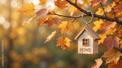 Wooden house keychain hanging from an autumn branch, representing new home purchase, real estate investment, mortgage approval, property ownership and moving into a new home