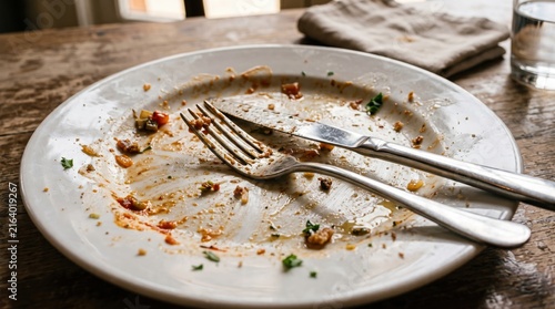 Empty dinner plate with leftover food residue, fork and knife on a wooden table, representing finished meal, leftovers, dining, food waste and restaurant service
