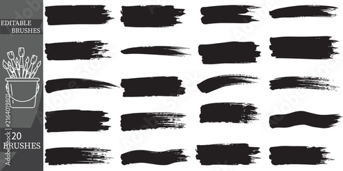 Set of 20 Versatile Black Vector Brush Strokes and Grunge Banners — Editable Text Backgrounds for Graphic Design