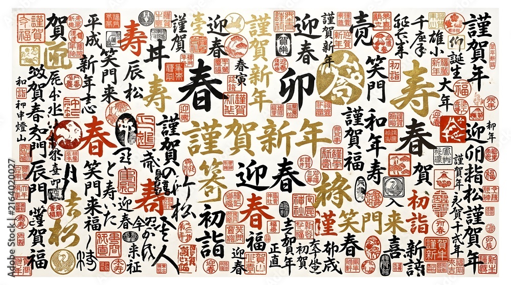 Fototapeta premium Japanese new year calligraphy and traditional stamps