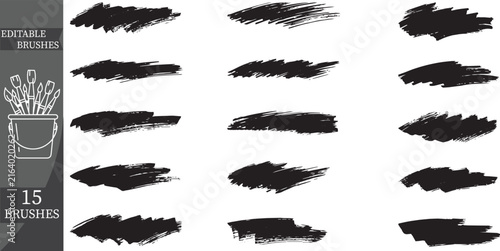 Collection of 15 Vector Black Dry Brush Strokes and Grunge Textures — Editable Design Elements for Typography