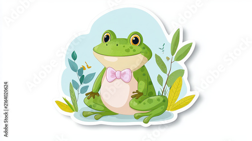 Cute cartoon frog wearing bow tie, surrounded by green leaves and plants, exuding cheerful and playful vibe