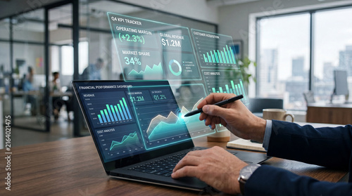 Business analyst using laptop in office with financial data dashboard and charts
