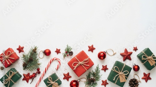 Christmas Border with Gifts and Pine Branches