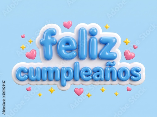 Cute Pastel Blue 3D Feliz Cumpleanos Text On Cloud Blue Background