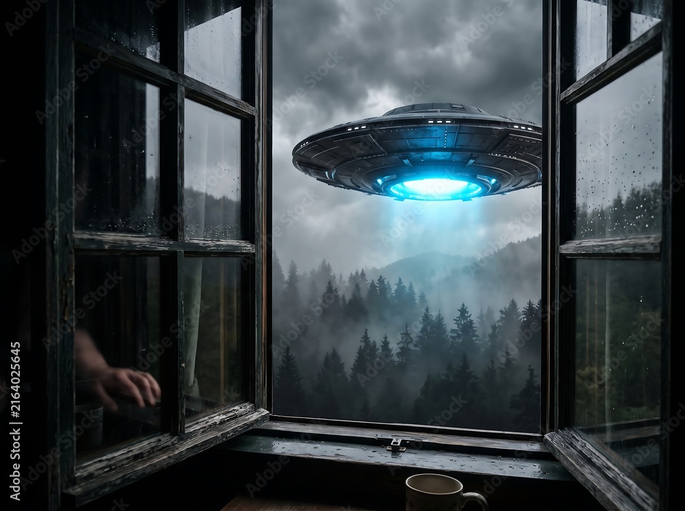 Fototapeta premium UFO Alien Spaceship Hovering In Sky Seen Through Open Window