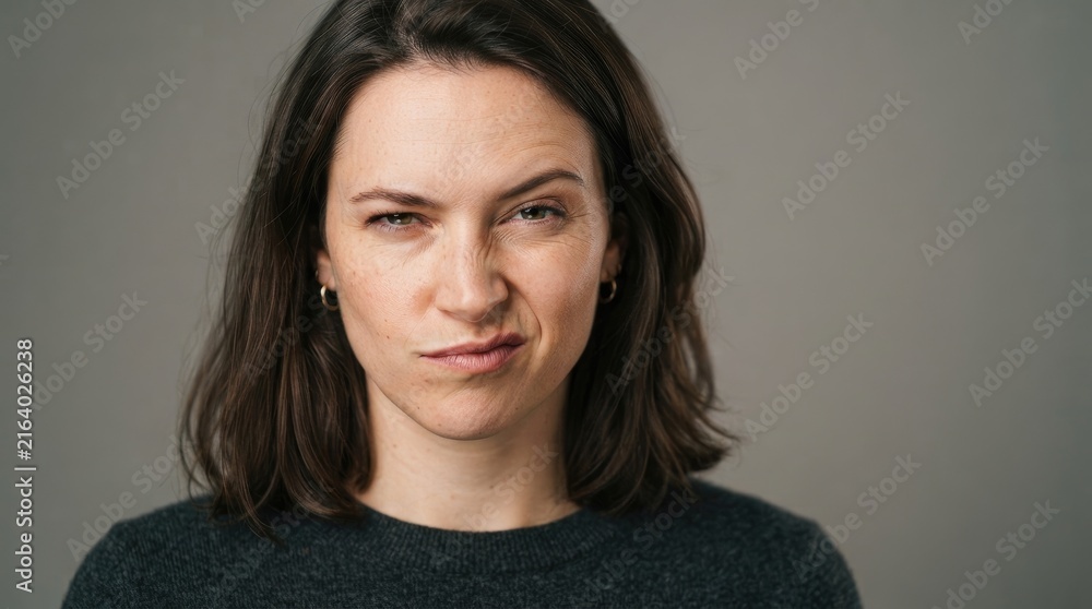 Fototapeta premium A woman with dark brown hair is looking directly at the camera with a slightly skeptical expression. She is winking with one eye and has a subtle smirk.