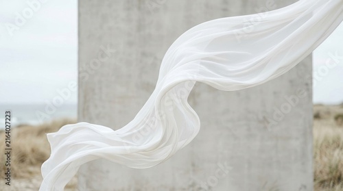 A flowing white fabric billows dramatically against a weathered concrete pillar. The fabric dances in the wind, creating a sense of movement and ethereal beauty.