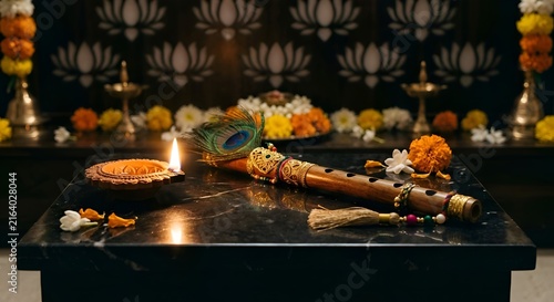 Krishna Janmashtami prayer setup with wooden flute, glowing diya, and flowers in a temple.