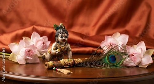 Laddu Gopal idol with pink lotus flowers and peacock feather for Janmashtami celebration.
