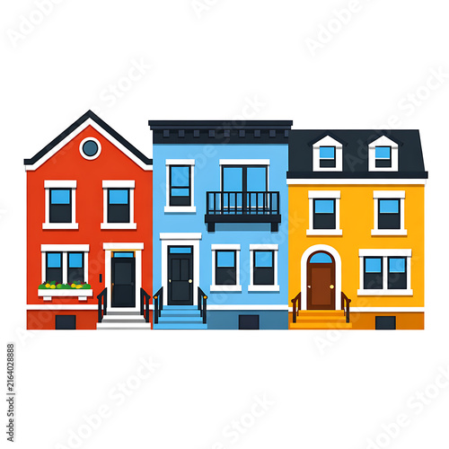 A flat vector illustration of three colorful townhouses in red, blue, and yellow.
