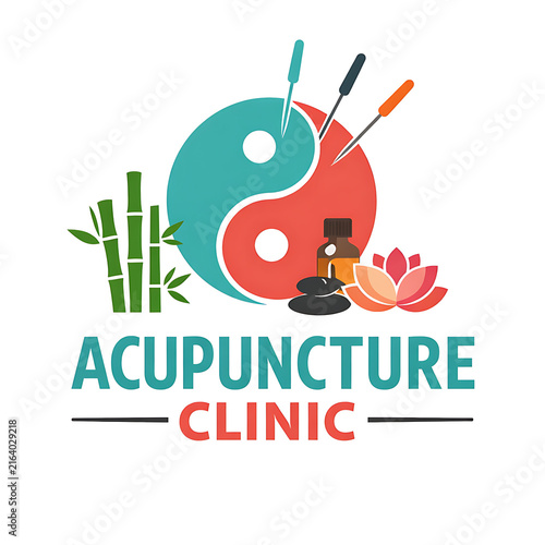 Vector logo design for an acupuncture clinic with a yin yang symbol, needles, and bamboo.