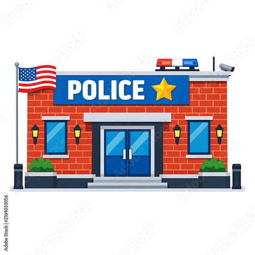 A flat vector illustration of a red brick police station building with an American flag.
