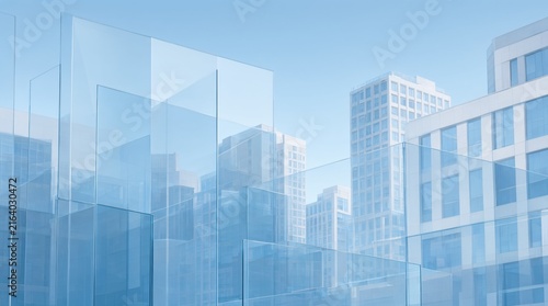 Transparent glass skyscrapers city skyline light blue background